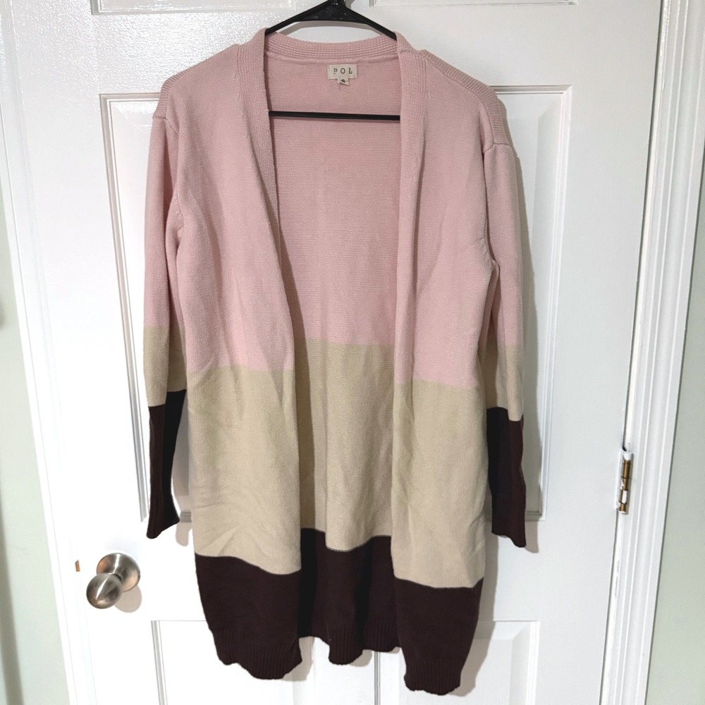 POL Womens Colorblock Open Front Cardigan Pink Tan Burgundy Longline Sweater S